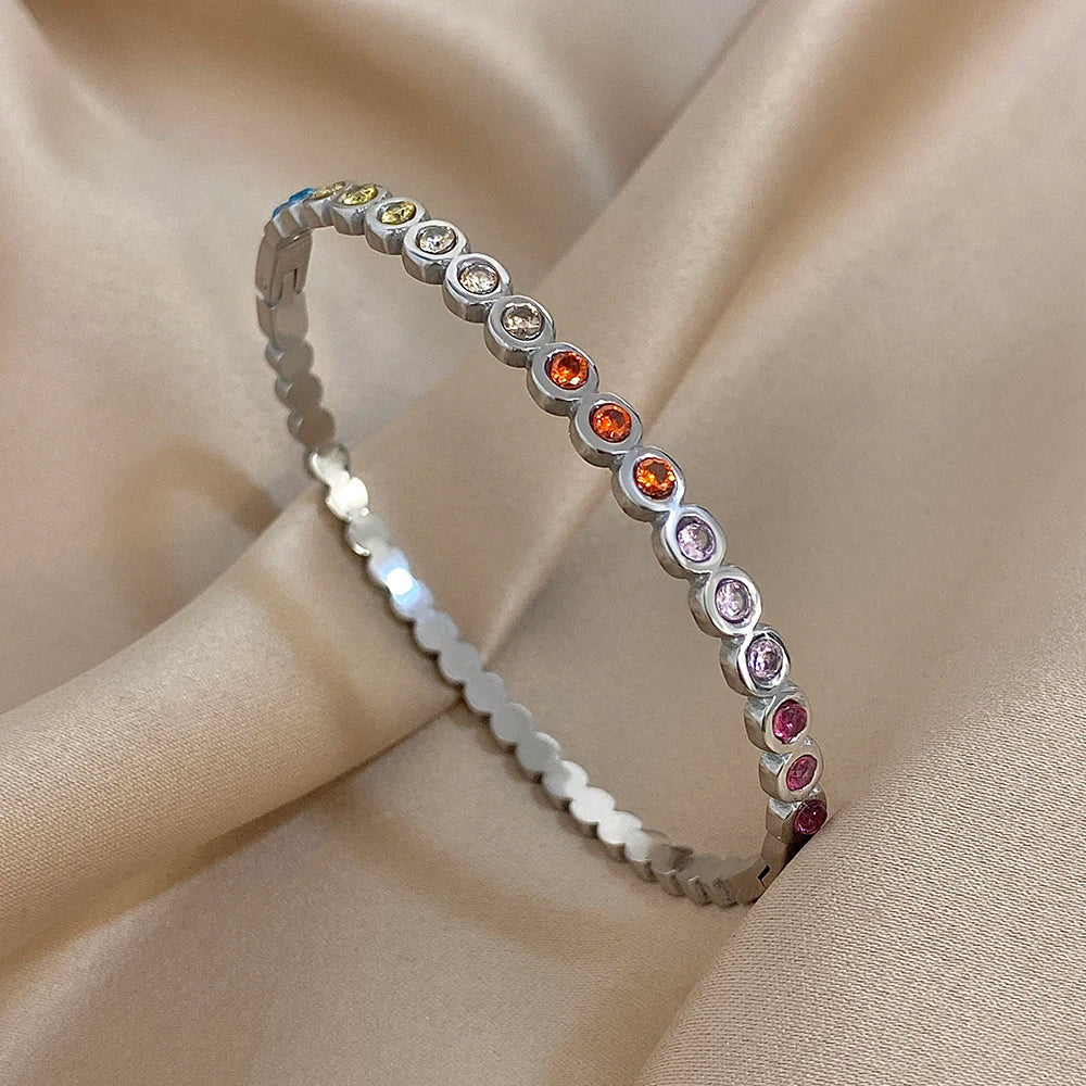 Colorful Rhinestone Beads Stainless Steel Bracelets for Women Fashion Gold Silver Color Stacked Cuff Bangle Waterproof Jewelry
