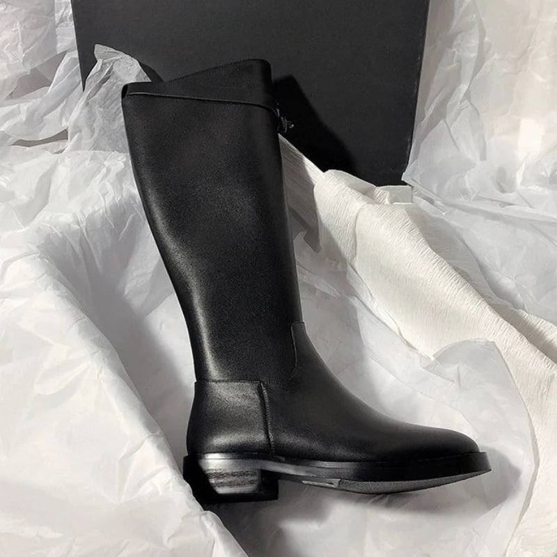 Black Elegant with Low Heels Round Toe Ladies Knee High Shaft Shoes Autumn Winter Fleece-Lined Gothic Leather Women's Long Boots