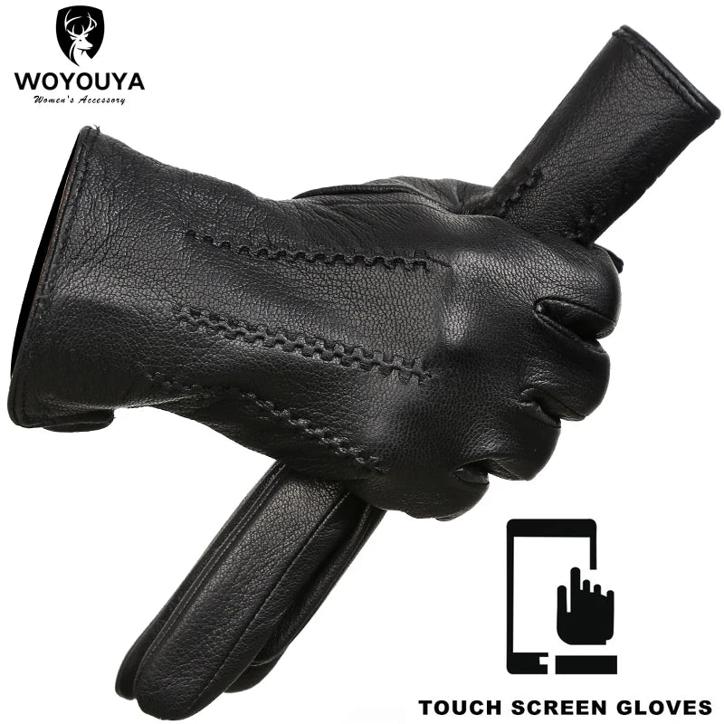 Fashion deerskin Men's gloves,Best-selling soft men's winter gloves,Keep warm black gloves men Wave design -8001N