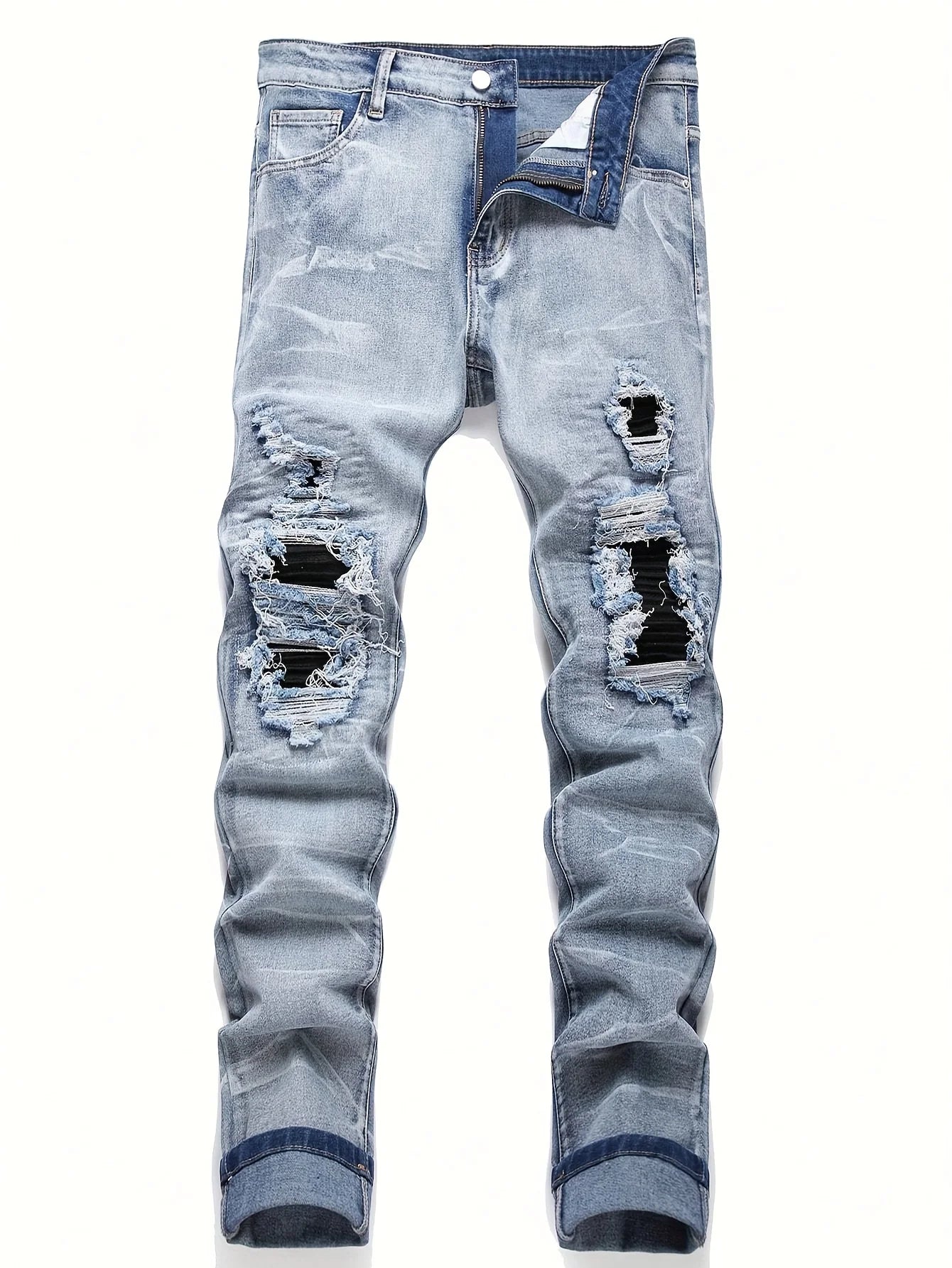 Men's Stretchy Denim Jeans Streetwear Tearing Patchwork Holes Ripped Denim Elastic Waist Casual Pants Slim Fit Straight Trousers