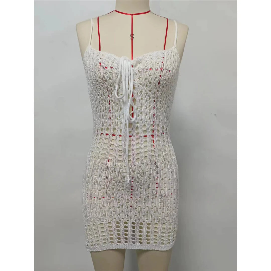 Beach Wear Beachwear Female Women Lace Up Hollow Out Backless Crochet Knitted Tunic Beach Cover Up Cover-ups Beach Dress V5655
