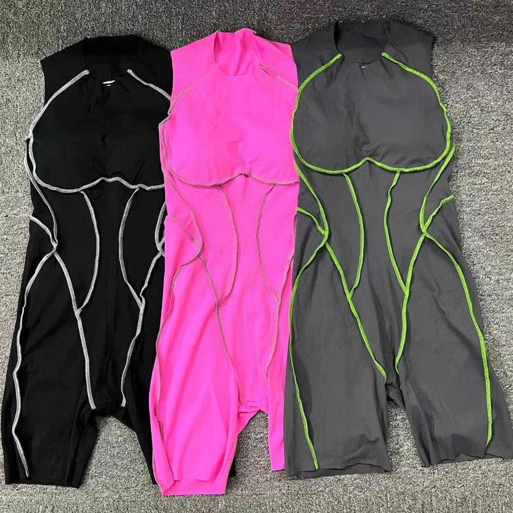 New Summer Stitching Color Backless Yoga Jumpsuits With Chest Pads Women Sleeveless Sports Bodysuit Hip Lifting Workout Overalls