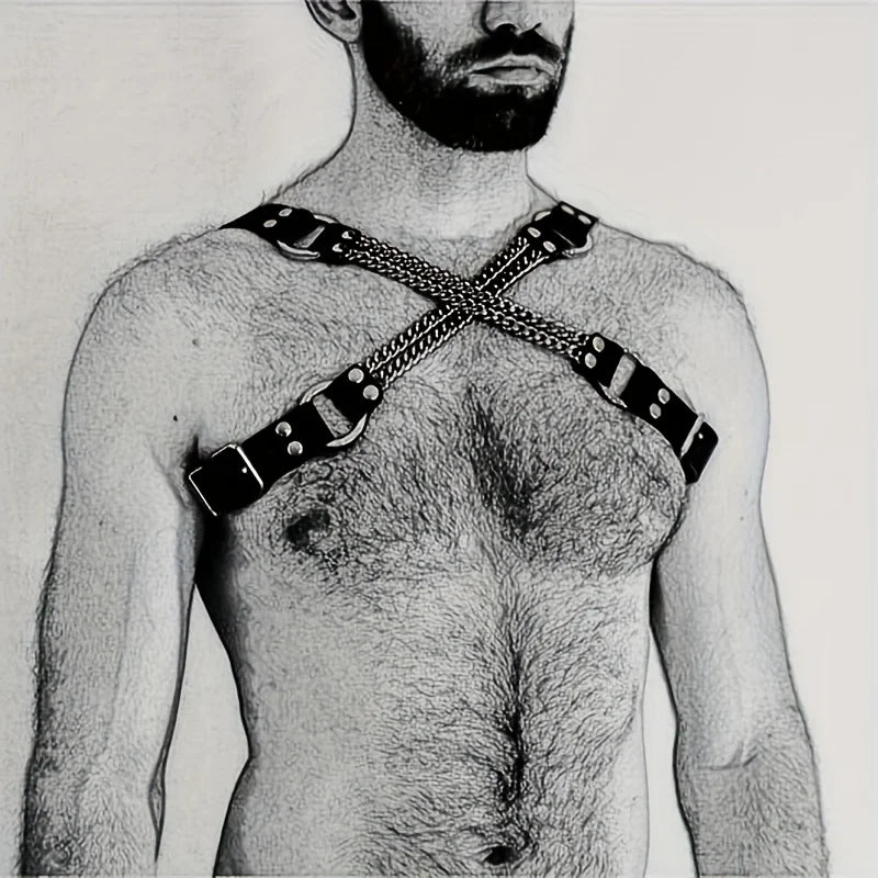 Men's Adjustable PU Leather Body Harness with Chain Tassels - Fashionable Black Chest Belt for Parties, Performances