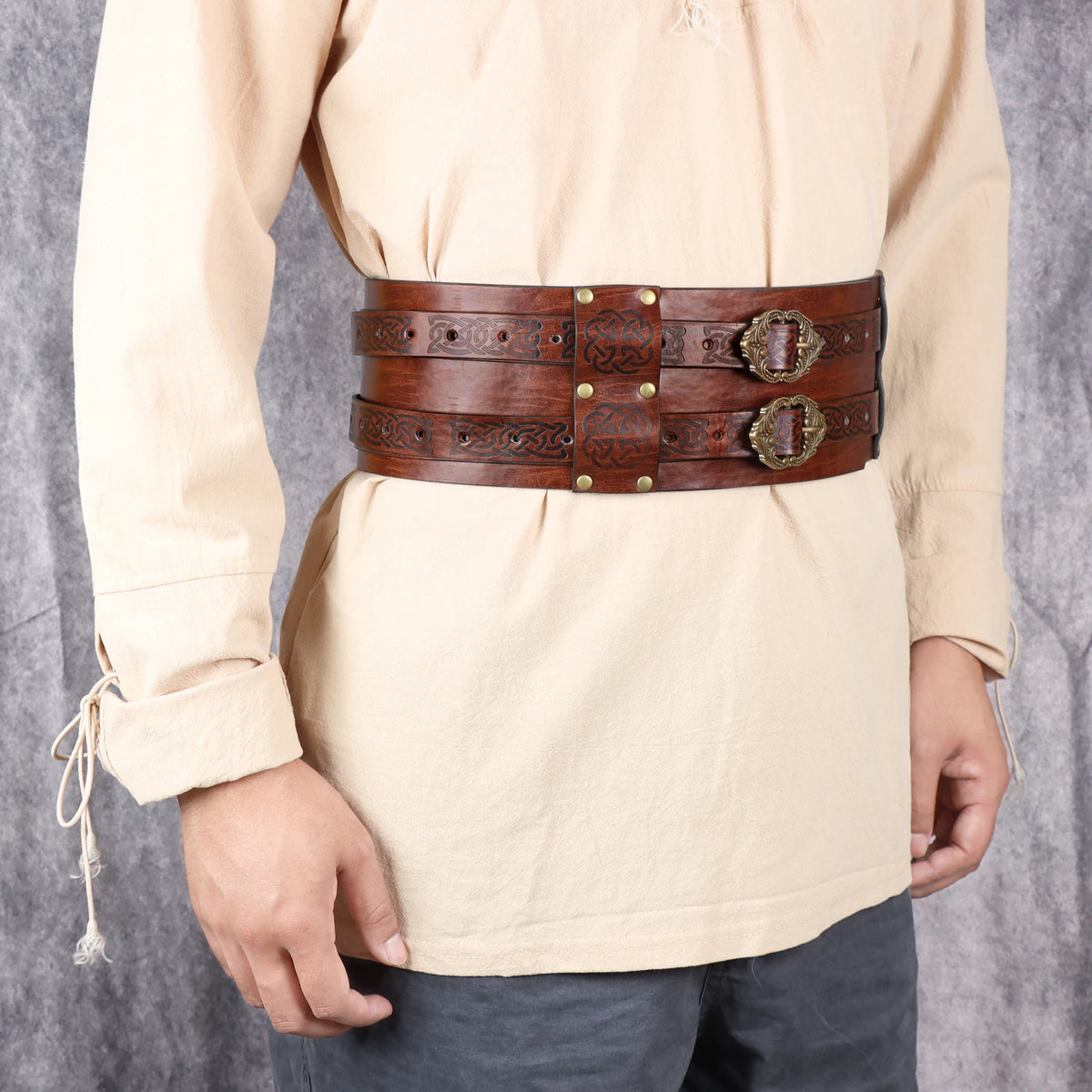 PU Leather Belt Double Wide Thick Belt Vikings Pirate Medieval War Accessory Broad Buckle Corset Cinch Gladiator Men
