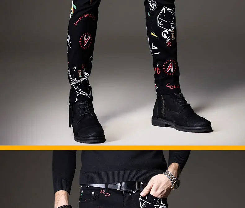 Luxuriöse Jeanshose für Herren, Hip-Hop-Jeans mit Graffiti-Print, Designer-Jeans in Slim Fit, trendige schwarze Jeans, Stretch-Cowboy-Baumwollhose für Männer