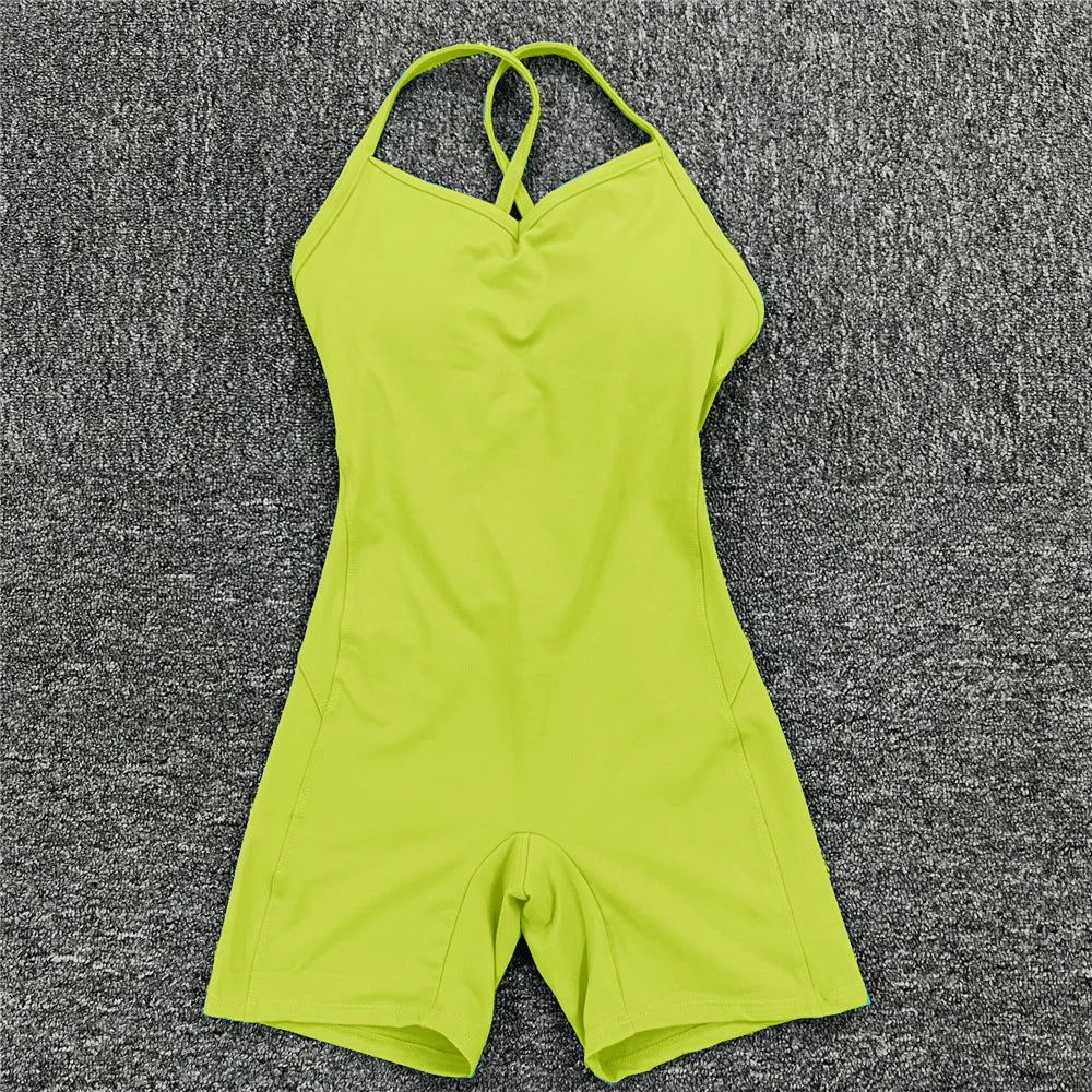 Rückenfreier Sportanzug für Damen, 2023, Lycra, Fitness-Overall, einteiliger Overall, Shorts, Sport-Outfit, Fitnessstudio, Trainingskleidung für Damen, Sportbekleidung