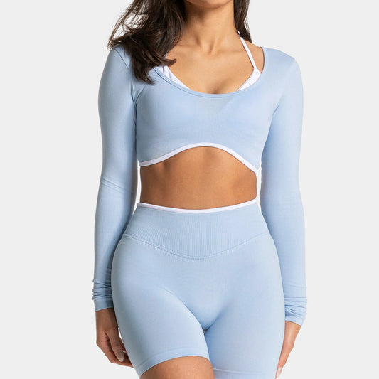 Women's Color Block Yoga Set Long Sleeve Top & High Waisted Shorts Butt Lifting Tummy Control 4-Way Stretch Workout Gym Fitness