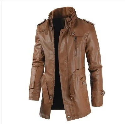 Men's Genuine Leather Jacket Winter Warm Thick Plush Lining Long Coat with Stand Collar Fashion Outerwear