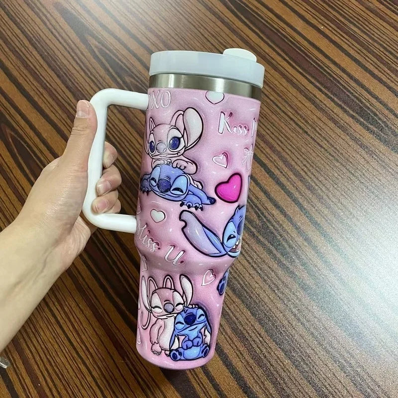 Stitch And Angel Stainless Steel Tumbler Cartoon Comic Thermal Mug With Straws And Lid 40oz Mugs Cup Cold And Hot Water Bottle