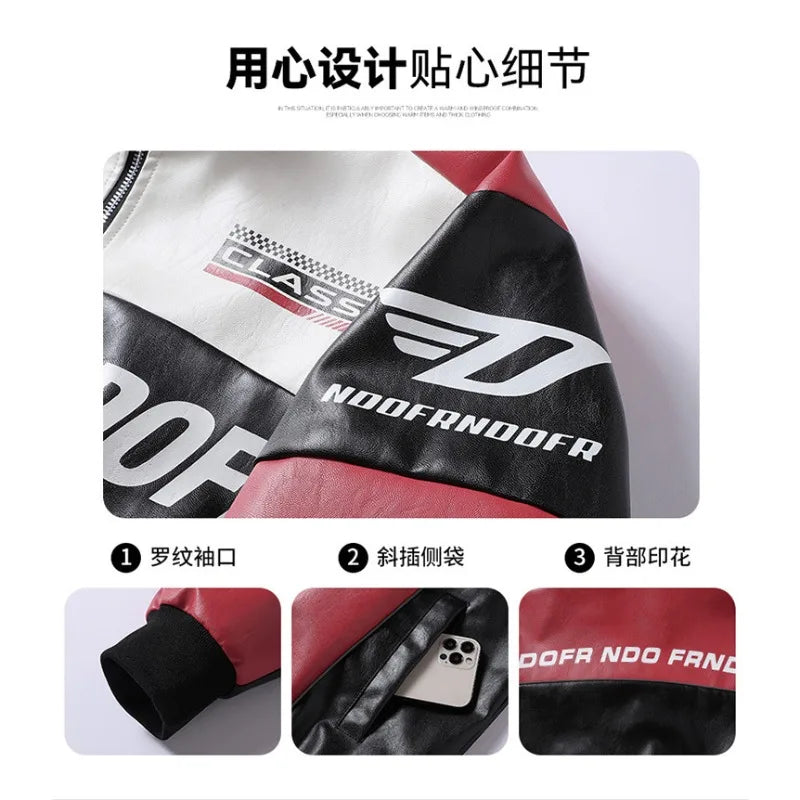 New Motorcycle PU Leather Bomber Jacket Japanese Loose Fashion Flight Jacket Large Size Men's Printed Faux Leather