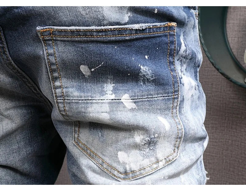 Retro Style Men's Slim Fit Jeans Distressed Hole Design Elastic Casual Long Pants Youth Trendy Street Style Straight Leg Jeans