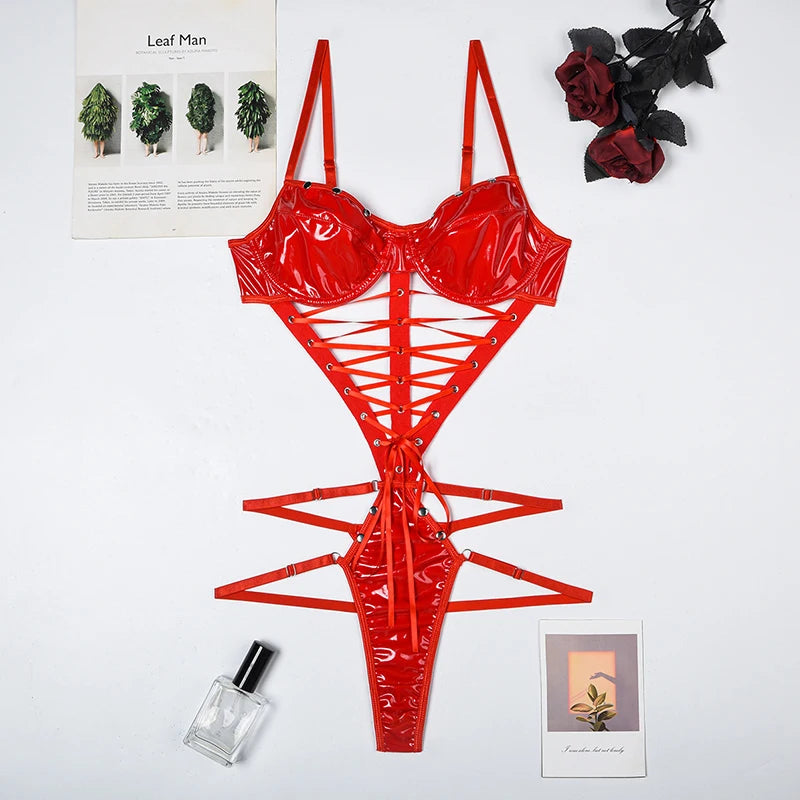 Women Sexy PU Strappy Bodysuits Bodycon Hot Catsuits Hollow Solid Rompers Fashion Erotic Faux Leather One Piece Onesie