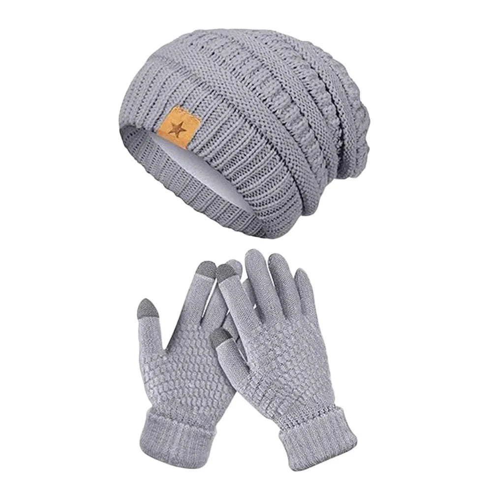 2PCS/Set Gift Warm Women Hats Gloves Set Soft Ear Protection Winter Warm Mitten Windproof Plush Beanie Cap for Men Women