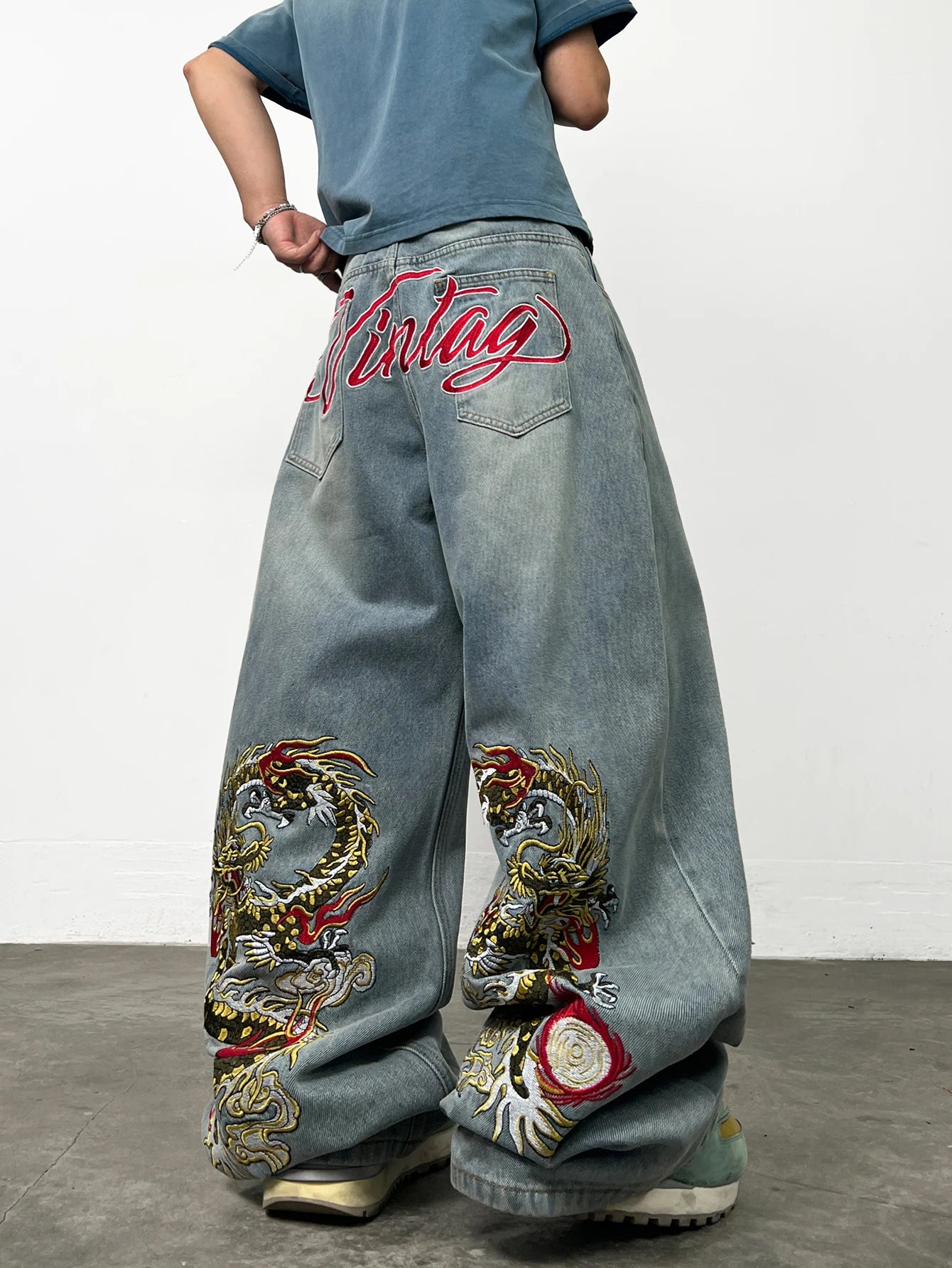 American Retro Dragon Art Embroidery Blue Baggy Jeans Men's y2k Washed Street Hip-Hop Fashion Versatile Straight Wide-Leg Pants
