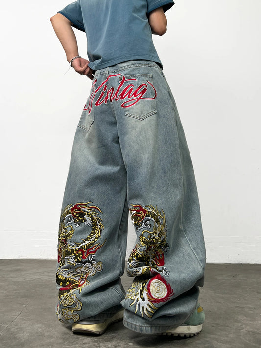 American Retro Dragon Art Embroidery Blue Baggy Jeans Men's y2k Washed Street Hip-Hop Fashion Versatile Straight Wide-Leg Pants