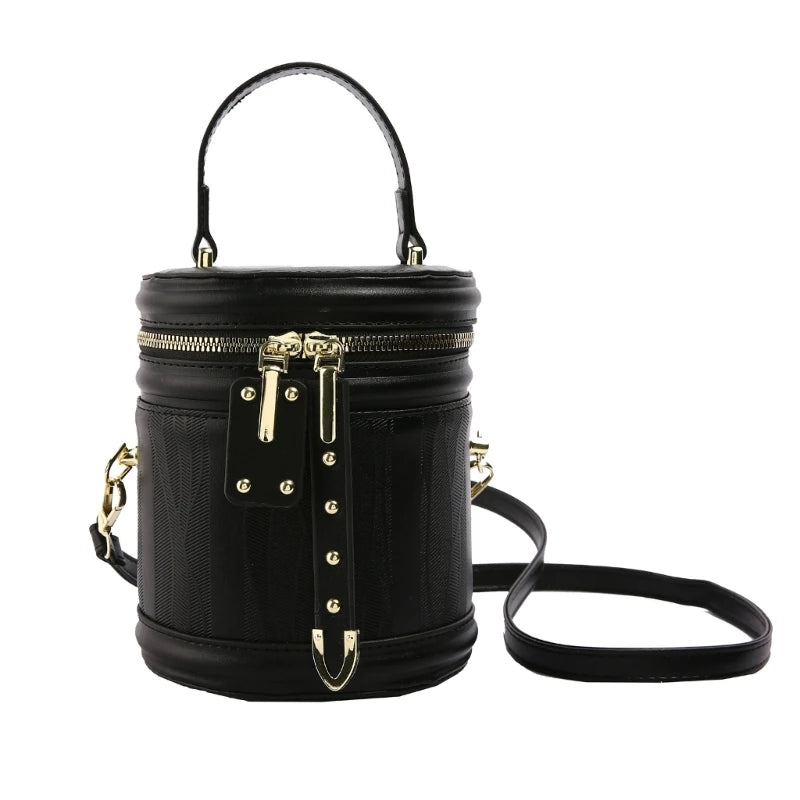 PU Leather Shoulder Crossbody Bag Cylinder Bag Vintage Small Handbag Purse with Top Handle Zippered for Everyday Carry