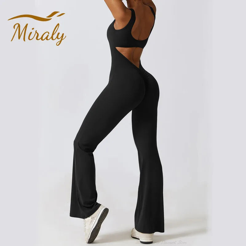 Women Sleeveless Flare Jumpsuits Sexy Backless Tank Tops Bodycon Scrunch Butt Yoga Rompers Seamless Unitard Playsuit Sportswear