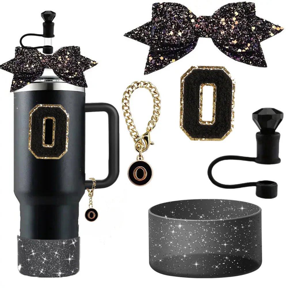 5pcs Accessories Set for Stanley 30oz 40oz Tumbler Cup Including 10mm Diamond Straw Cover Topper Bow Ties Initial Sticker