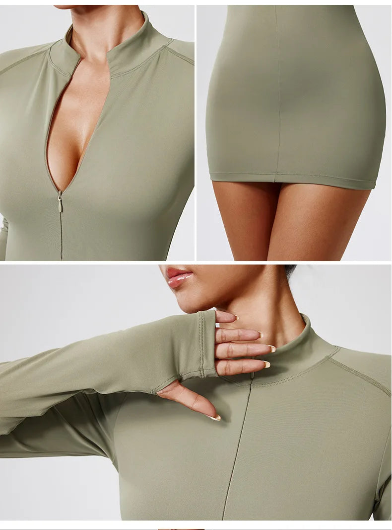 Fitness Bodysuit Sportswear Gym Set Women Clothes Jumpsuit Long Sleeved Workout Short Skirt Push Up One-piece Zipper Yoga Suit