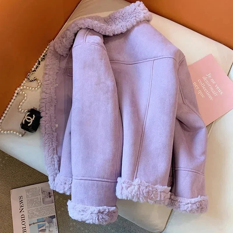 Purple Fur Integrated Lamb Fur Coat Women's Unique Autumn Winter Female Warmth Casual Jackets