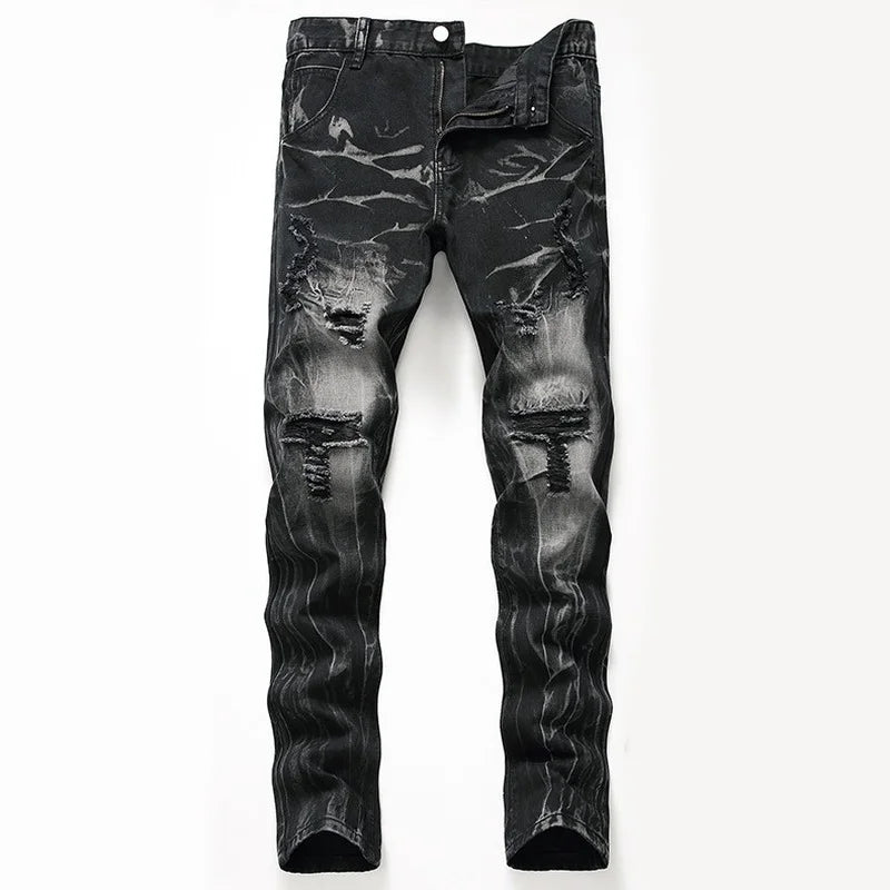 High Quality Men Casual Black Jeans Paint Slim Straight Hole Biker Jeans Autumn Jean Homme Male Denim Pants Plus Size