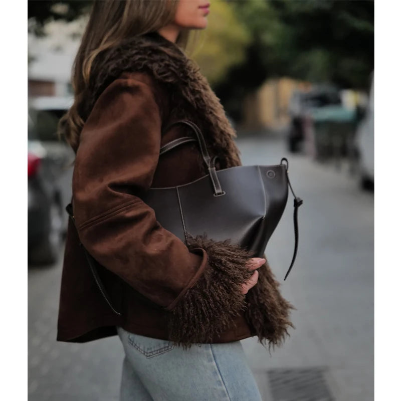 HXAO Women's Coat Cropped Faux Fur Coat Autumn Winter Warm Hairy Brown Jacket Women Long Sleeve Elegant Luxury Coat Ladies