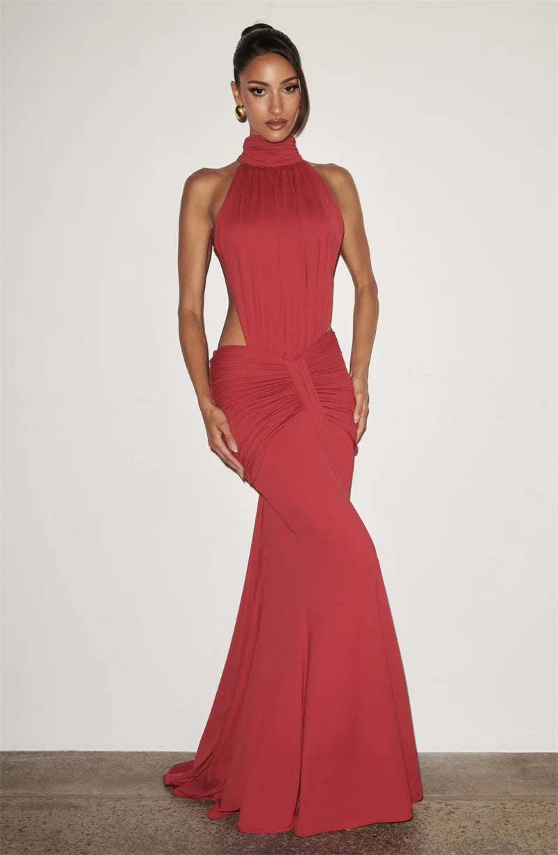 Mozision Turtleneck Backless Sexy Maxi Dress Women Gown Elegant Off-shoulder Sleeveless Ruched Bodycon Club Party Long Dress