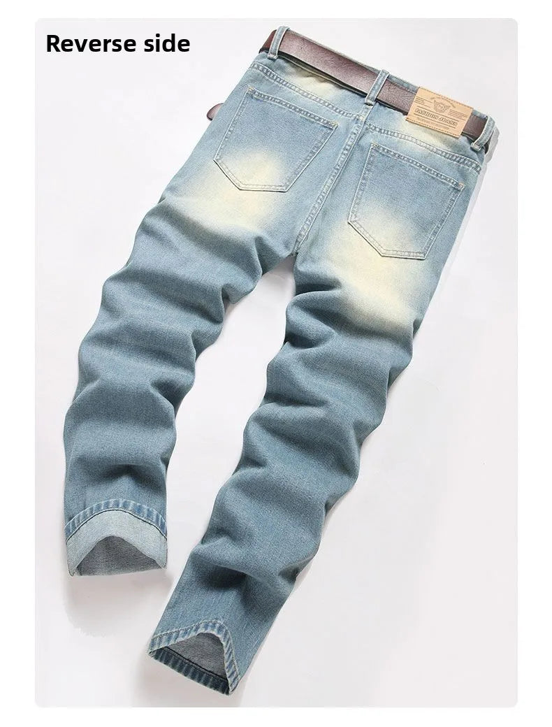 Autumn Men's New Light Blue Slim Fit Jeans Men's Ripped Loose Jeans Elastic Hole Versatile High Street Denim Pants Retro Washed