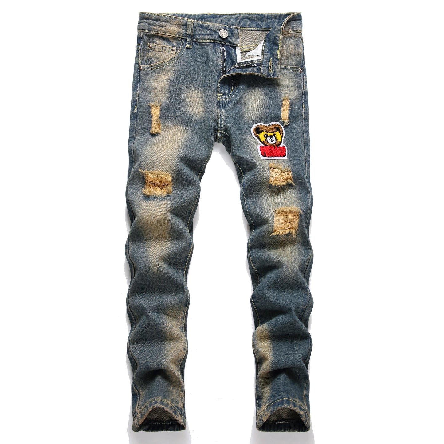 Boys' Cartoon Straight-leg Ripped Jeans Children Washed Non-stretch Denim Trousers Big Kids Casual Pants