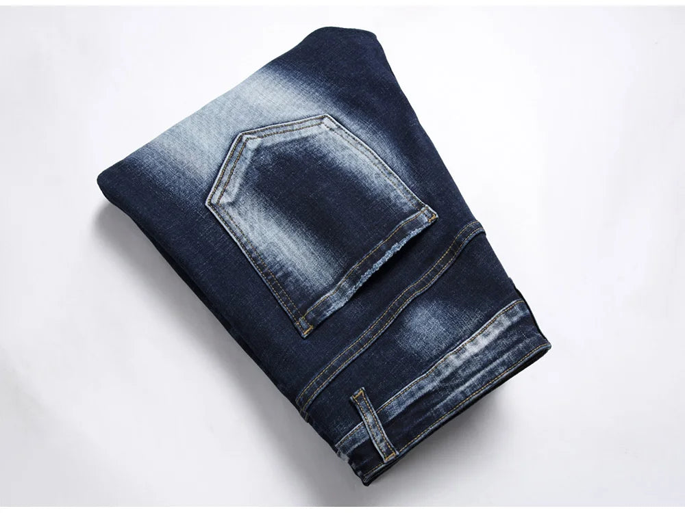 Men Patchwork Denim Jeans Holes Ripped Distressed Dark Blue Stretch Pants Casual Fringe Slim Straight Trousers