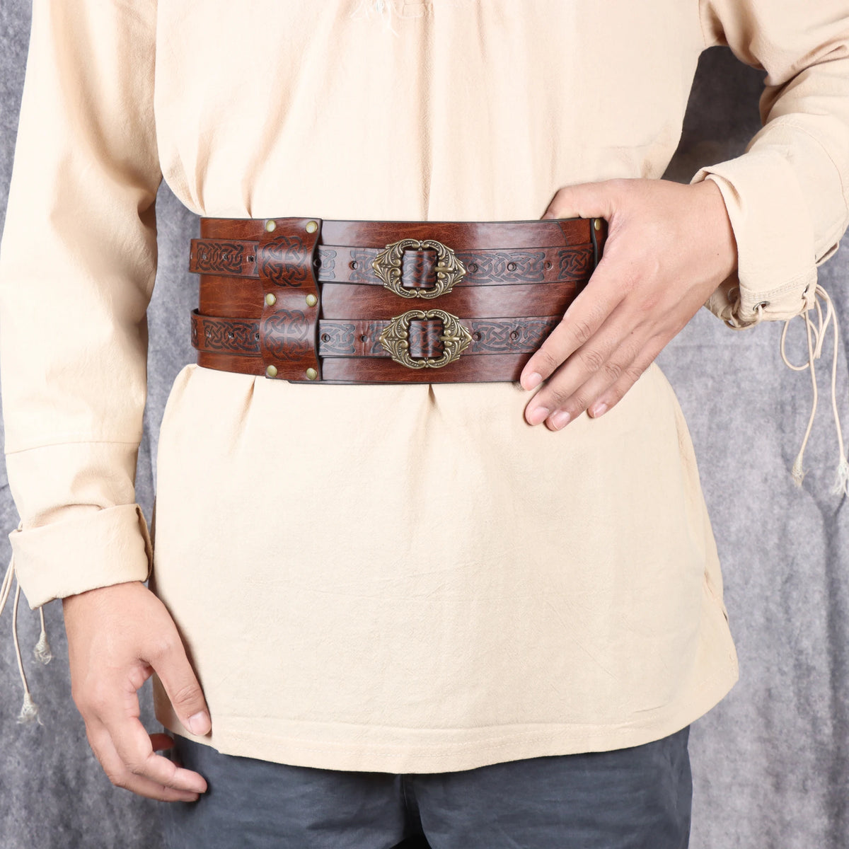 PU Leather Belt Double Wide Thick Belt Vikings Pirate Medieval War Accessory Broad Buckle Corset Cinch Gladiator Men