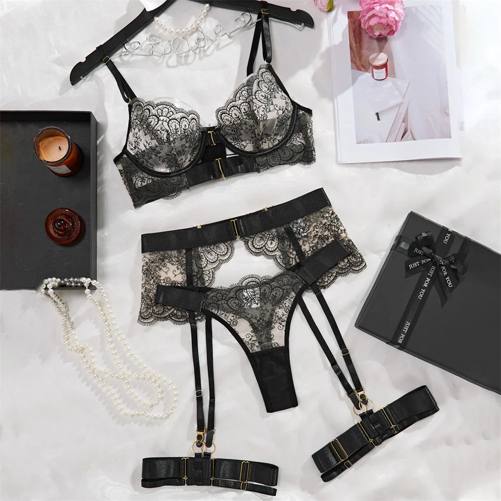 Krasapt Sexy Black Flower Lace Embroidery Lingerie 4 Pcs Sets Fancy Mesh Transparent Metal Buckle Bra And Thong Garter Suits