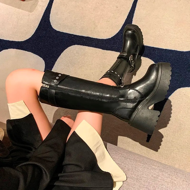 Women's Thick Heel Cotton Boots New Winter Round Head Side Zipper Rivet Metal Belt Buckle Thick Sole Non-slip Boots