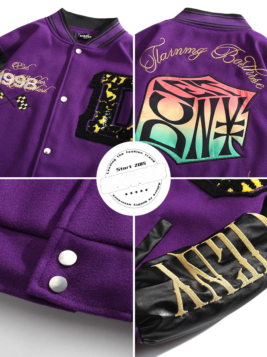 Herren Stehkragen Gespleißte Lederstickerei Wolljacken Trendy Street Hip Hop Hübscher Casual Loose Einreihiger Mantel