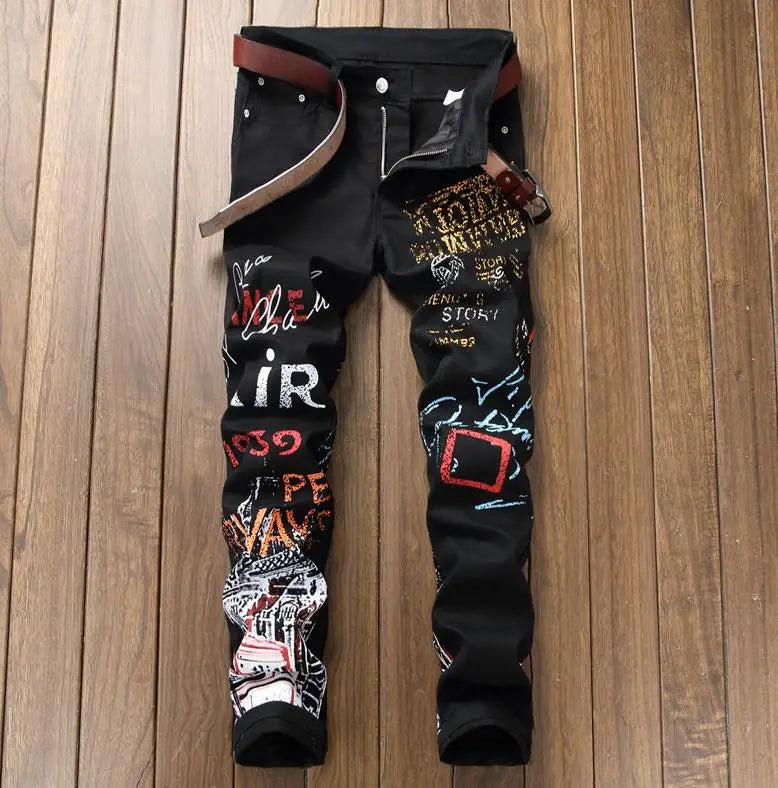 High Street Fashion Herren Jeans Nachtclub Schwarz Weiß Farbe Persönliche Designer Bedruckte Jeans Männer Punk Hosen Dünne Hip Hop Jeans