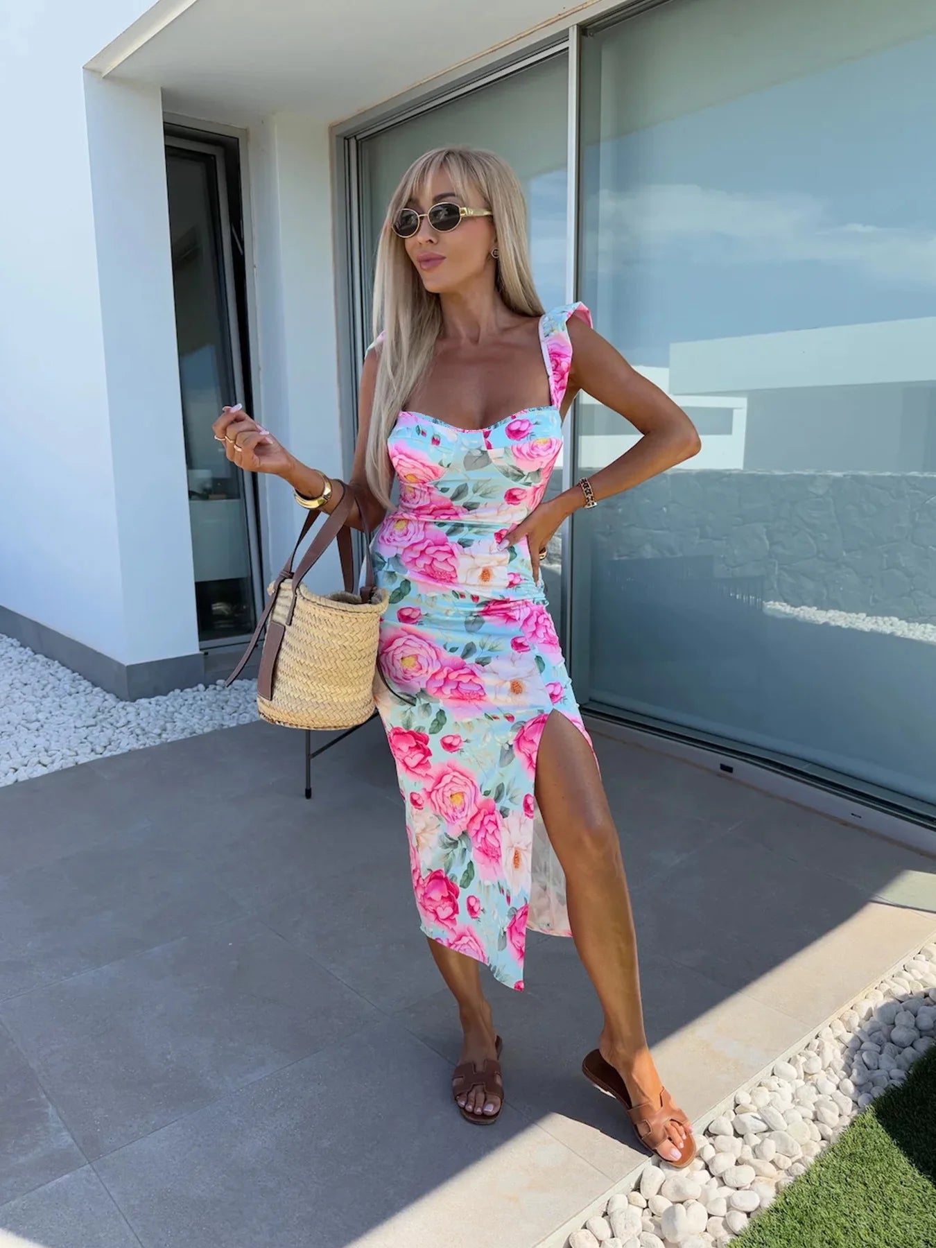 Summer new elegant design French floral camisole split midi dress for women