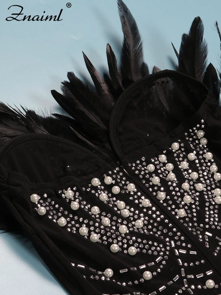 Znaiml Sexy Federn Strass Rückenfrei Diamant Transparent Mesh Bodycon Kleider für Frau Rave Club Geburtstag Party Nacht Vestidos