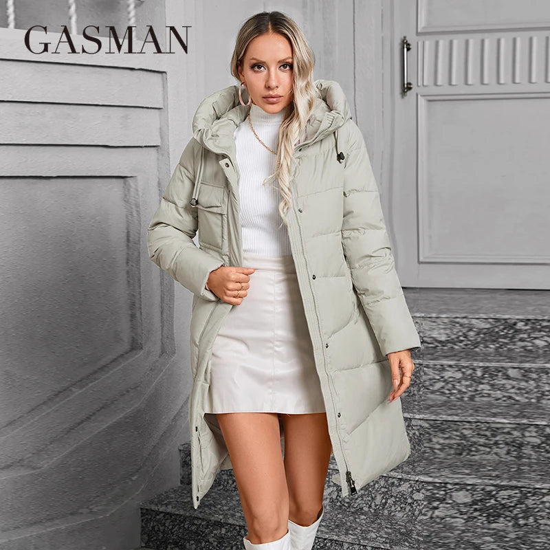GASMAN  Women Down Jacket Long Classic zipper design Big Pocket Stand Collar Hooded Slim coat Women Parkas