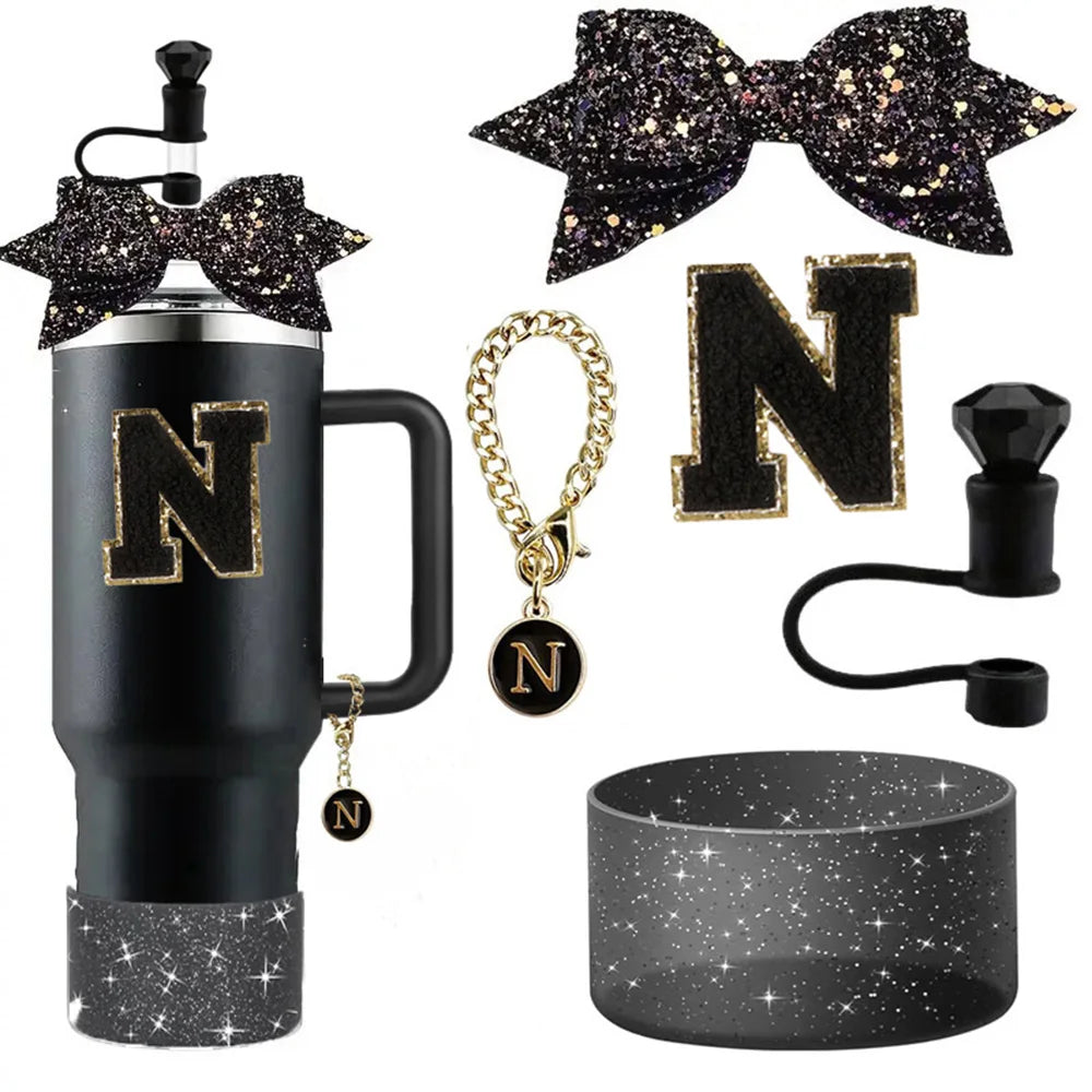 5pcs Accessories Set for Stanley 30oz 40oz Tumbler Cup Including 10mm Diamond Straw Cover Topper Bow Ties Initial Sticker
