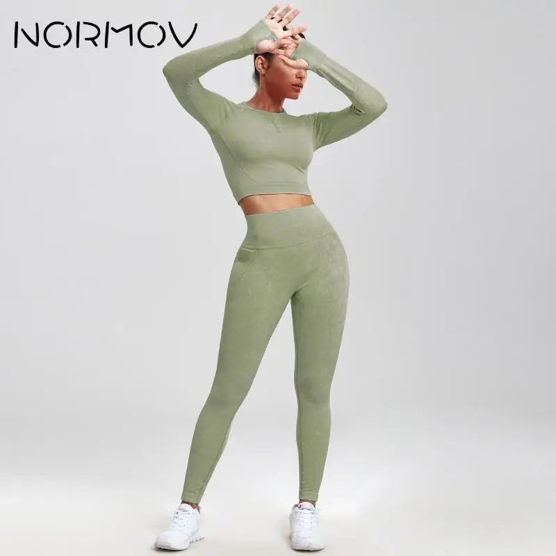 NORMOV 2Pcs Gym Frauen Sets Nahtlose Yoga Set Hohe Taille Gym Sportwear Push-Up Sport Workout Sets Fitness Lange hülse Gym Anzug
