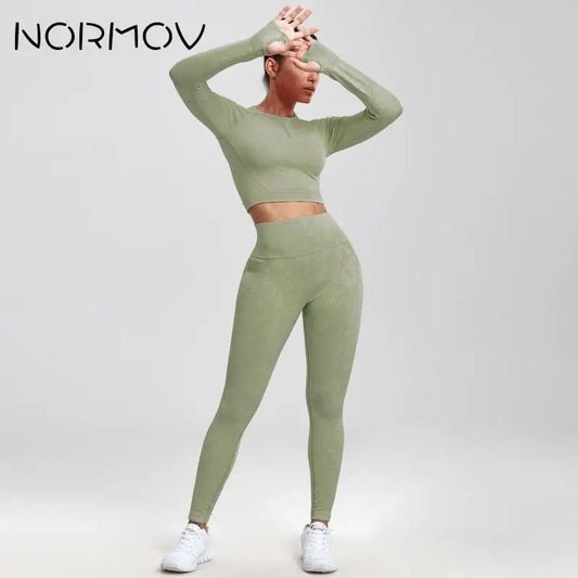 NORMOV 2Pcs Gym Frauen Sets Nahtlose Yoga Set Hohe Taille Gym Sportwear Push-Up Sport Workout Sets Fitness Lange hülse Gym Anzug