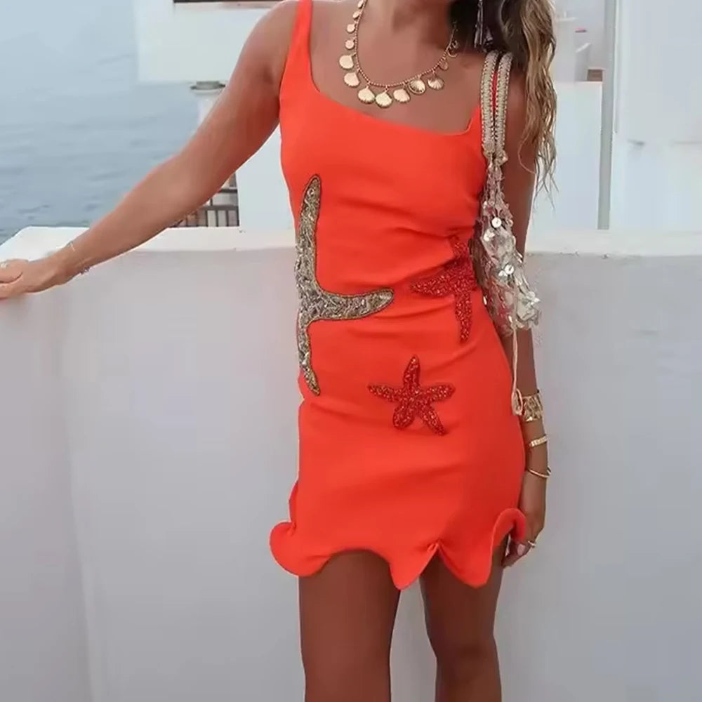 Women Boho y2k Coquette Mini Bodycon Dress Sexy Slim Starfish Sequins Embroidery Ruffles Sleeveless Knitted Club Party Dress