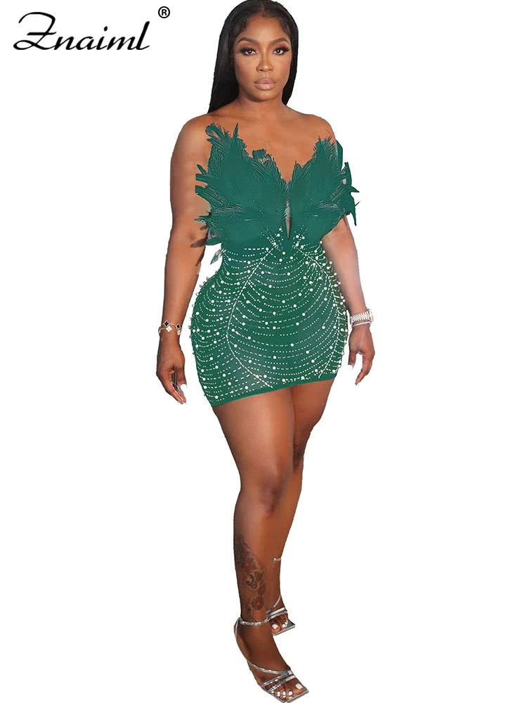Znaiml Sexy Federn Strass Rückenfrei Diamant Transparent Mesh Bodycon Kleider für Frau Rave Club Geburtstag Party Nacht Vestidos