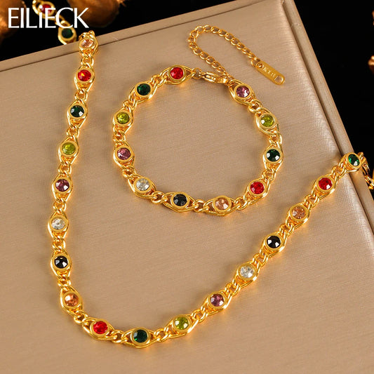 EILIECK 316L Stainless Steel Metal Colored Zircon Chain Necklace Bracelet Set For Women Fashion Statement Waterproof Jewelry