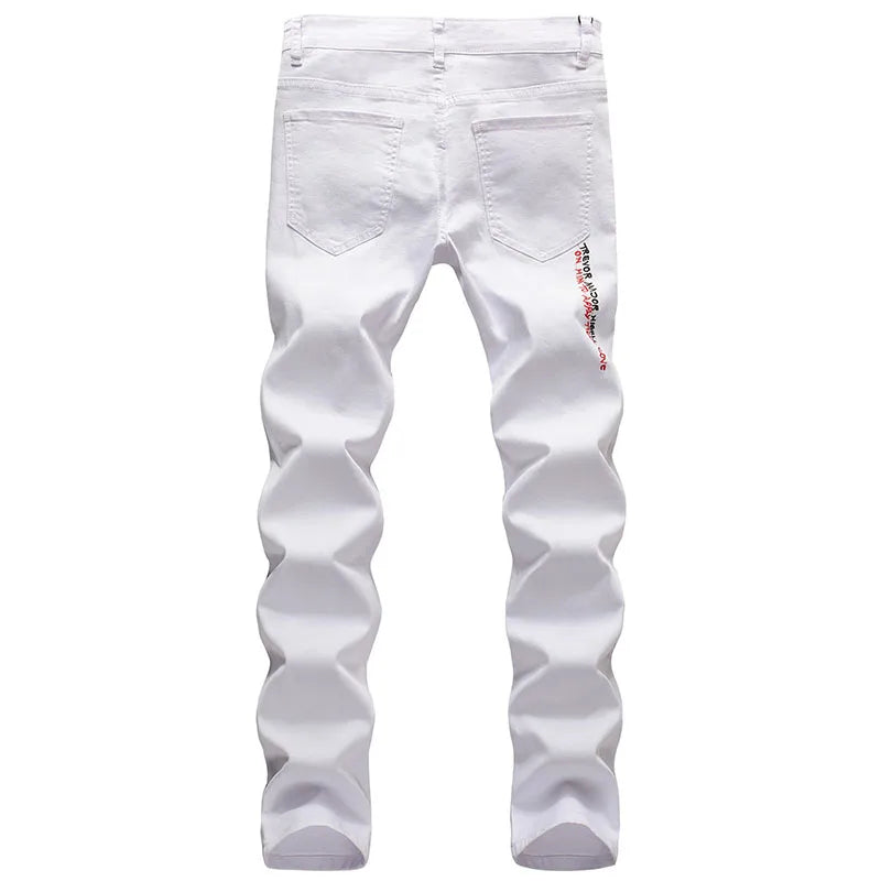 Fashion Embroidery Letters White Skinny Jeans Trousers Men Hip Hop Punk Casual Motorcycle Stretch Ripped Denim Pants Streetwear