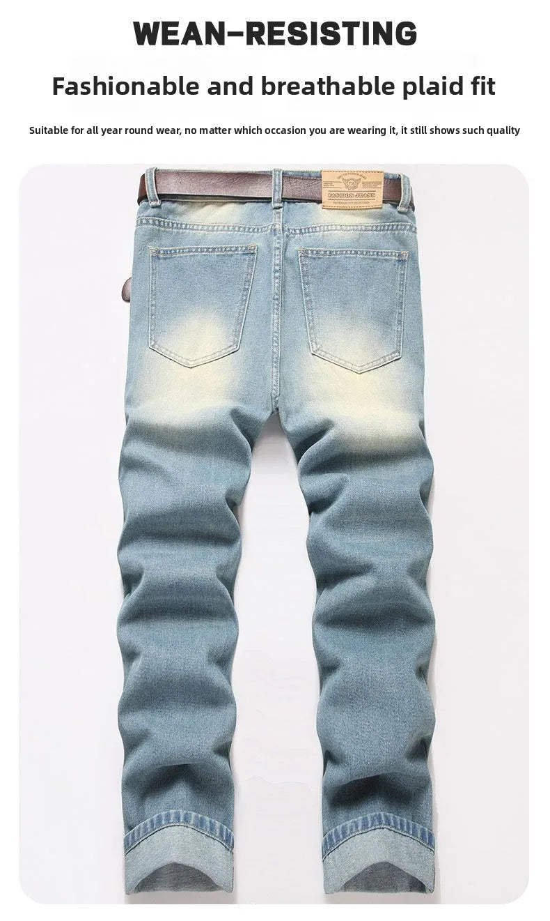 Autumn Men's New Light Blue Slim Fit Jeans Men's Ripped Loose Jeans Elastic Hole Versatile High Street Denim Pants Retro Washed