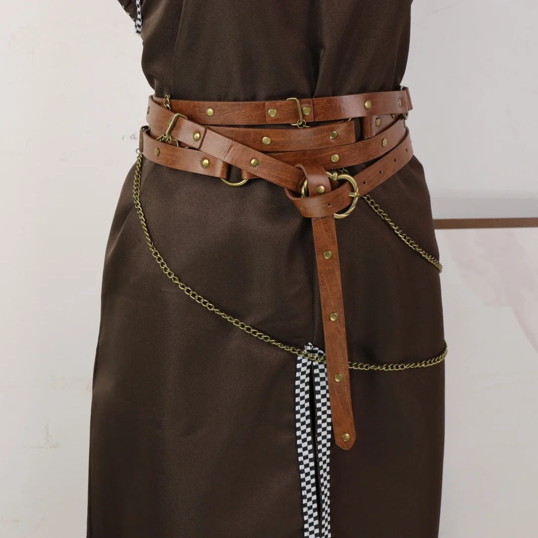 Retro Viking Style Belt Adjustable Medieval PU Leather Belt with Metal Chain Punk Steampunk Cosplay Accessories