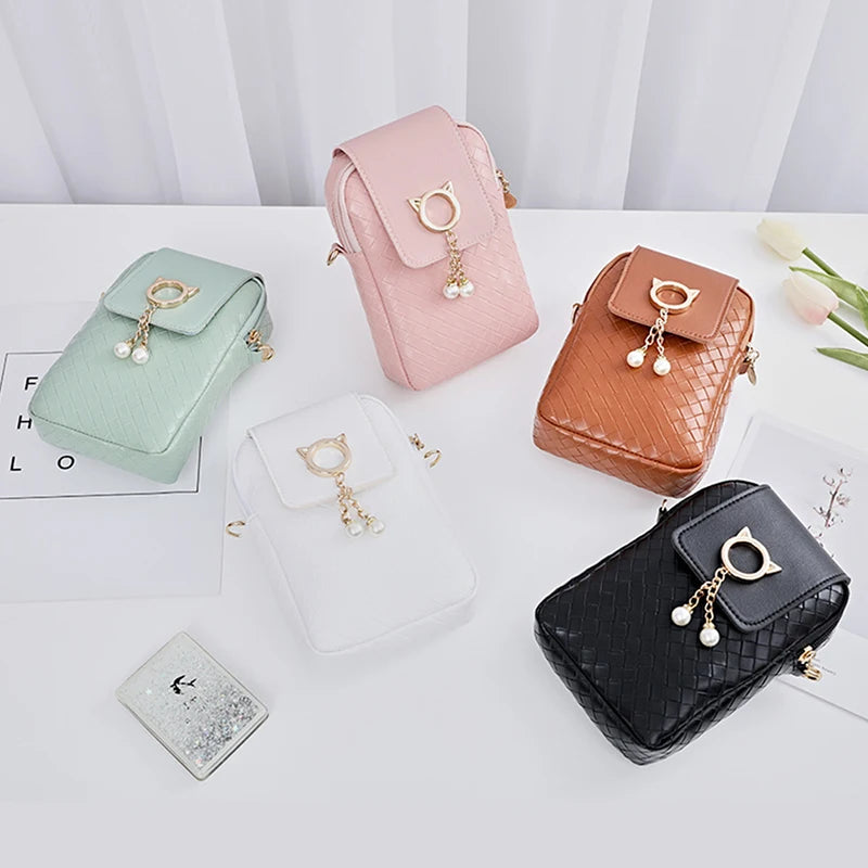 1PC Mini Cross-body Mobile Phone Shoulder Bag Women Fashion Woven Pearl Tassel Cover-style Female PU Leather Small Purse Clutch