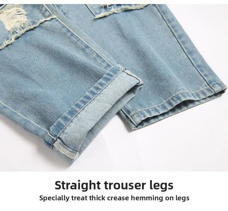 Autumn Men's New Light Blue Slim Fit Jeans Men's Ripped Loose Jeans Elastic Hole Versatile High Street Denim Pants Retro Washed