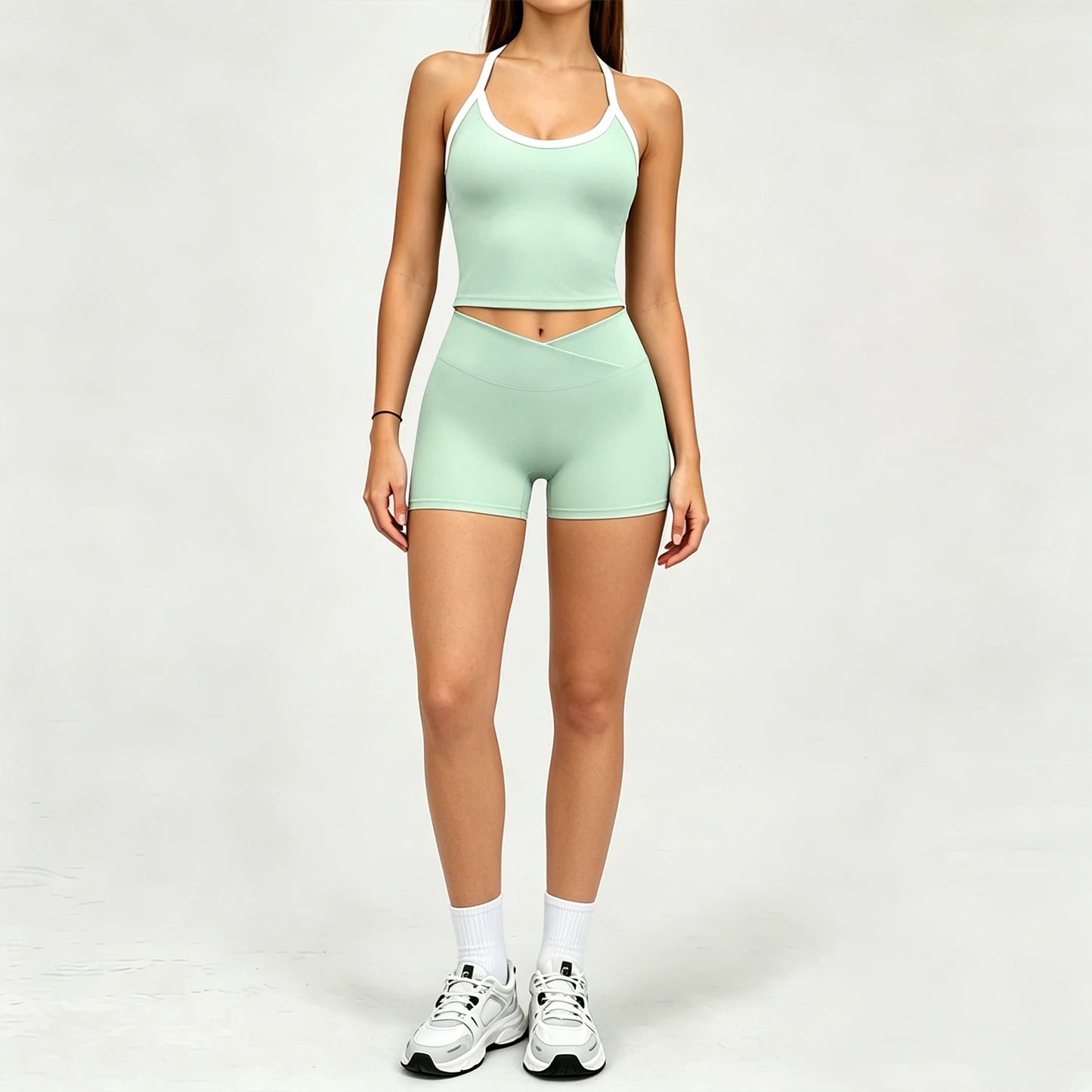GYM 2 Piece Set Racerback Design+Shorts Women Sports Bra with Padded Yoga Halterneck Top High Waist Pant Summer Running Fitness